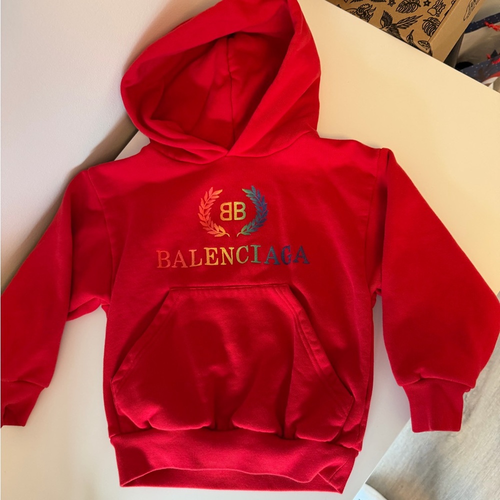 Balenciaga Kids Red Hoodie with Multicolor Logo